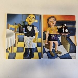 Vintage Will Rafuse 3D Restaurant Waitress and Sommelier Wall Art Tiles Set